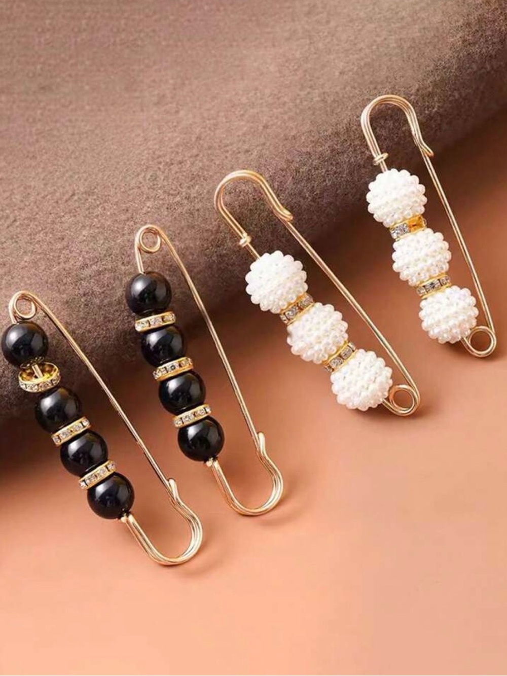 Gold-Tone Safety Pin Clips Set White & Black Beads clothing brooch designer - Picture 3 of 4